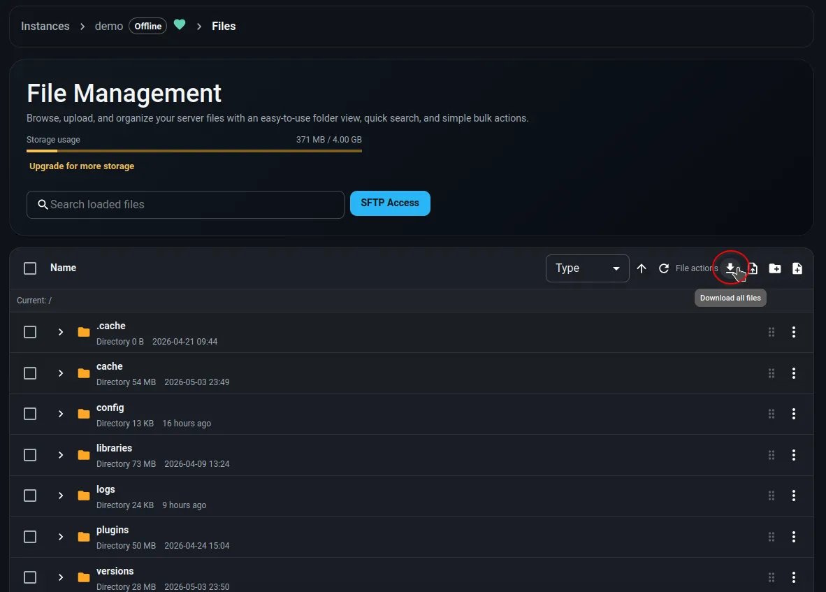 Download all files button in the file manager